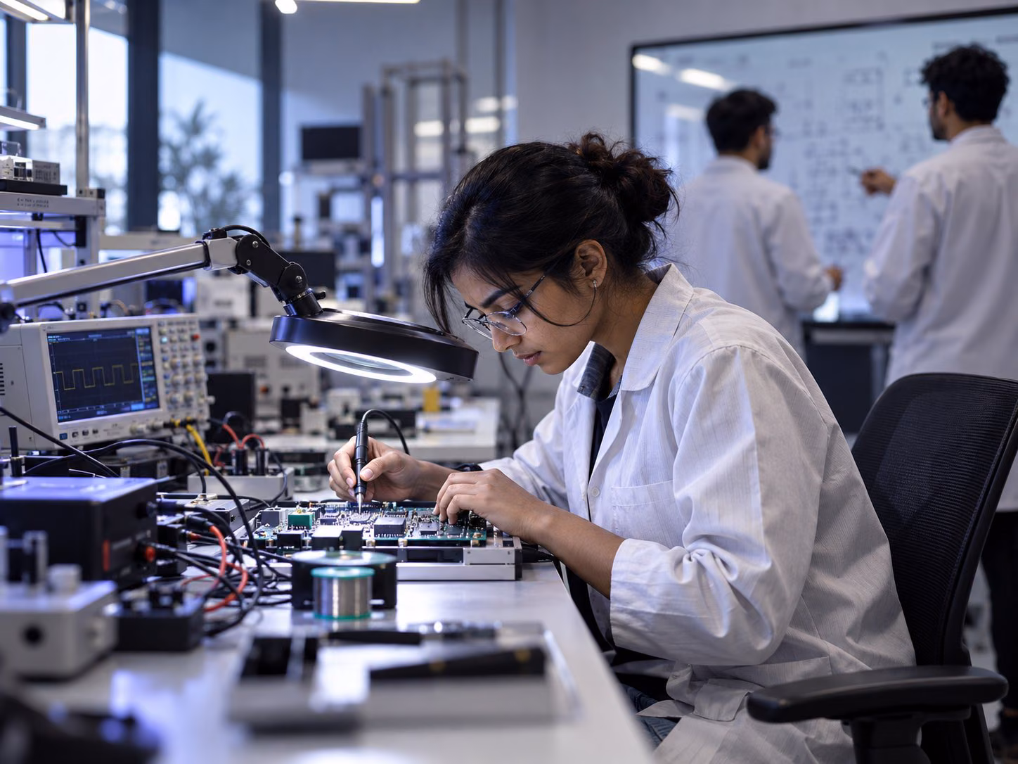 Sanlayan engineer working on a circuit board in the lab